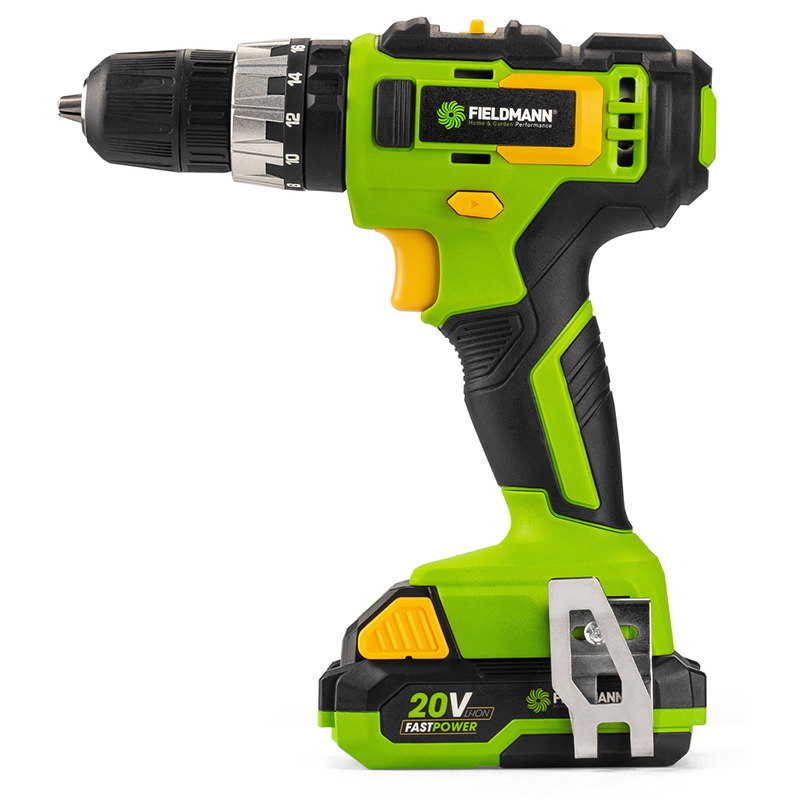 Mașină de găurit și înșurubat cu acumulator Fieldmann 20V, 35 Nm, cu percuție, 2 viteze, baterie 2Ah + încărcător rapid