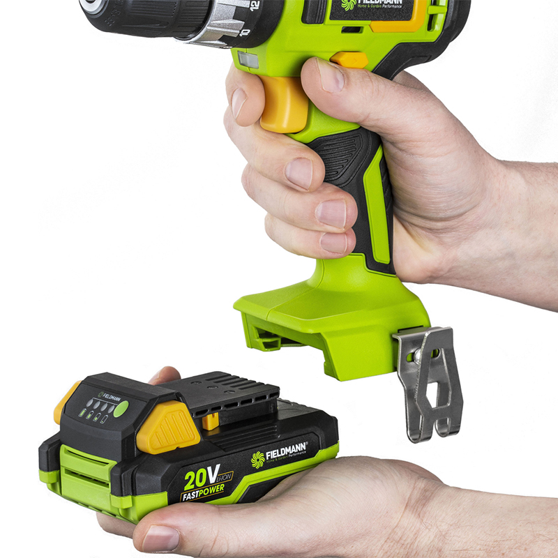 Mașină de găurit și înșurubat cu acumulator Fieldmann 20V, 35 Nm, cu percuție, 2 viteze, baterie 2Ah + încărcător rapid
