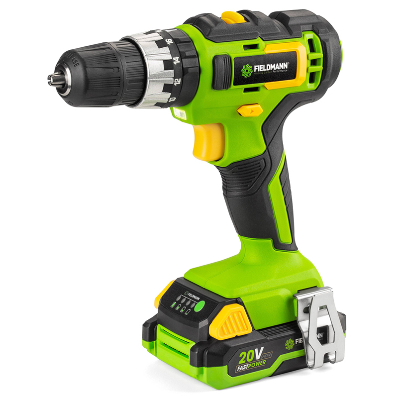 Mașină de găurit și înșurubat cu acumulator Fieldmann 20V, 35 Nm, cu percuție, 2 viteze, baterie 2Ah + încărcător rapid