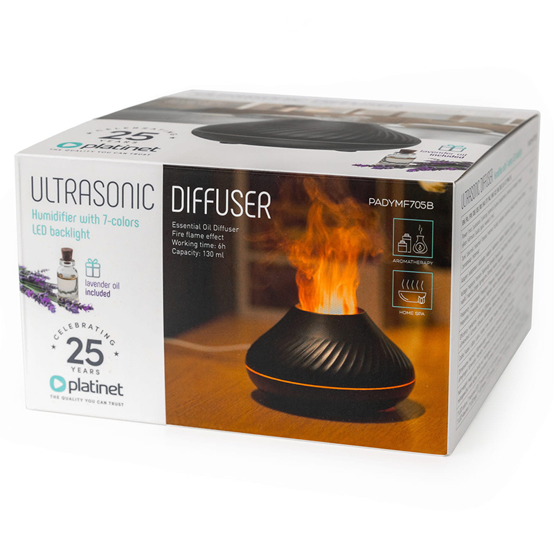Difuzor aromaterapie Platinet Flame cu ionizare si umidificator cu ultrasunete, 130 ml, LED 7 culori, USB-C