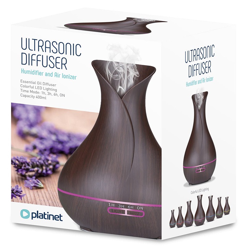 Difuzor aromaterapie Platinet 400ml cu ionizare si umidificator ultrasonic, 7 culori LED, timer 1/6/9h