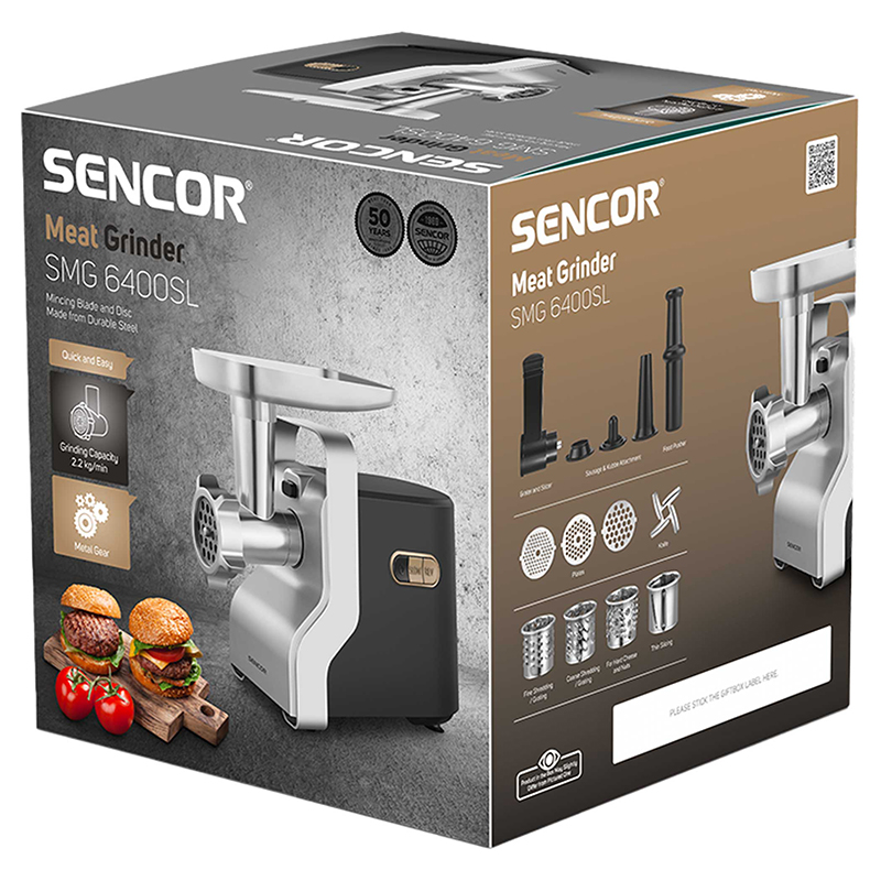 Mașină de tocat carne Sencor 700W, 2.2 kg/min, discuri 3/5/8 mm + accesorii cârnați & kubbe