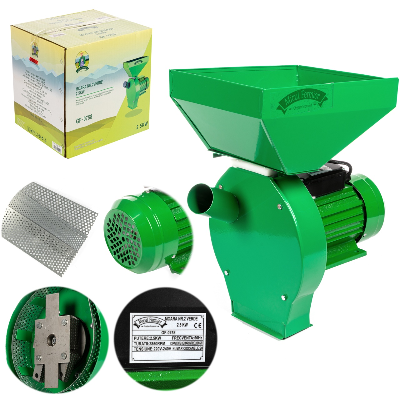 Moară de cereale electrică Micul Fermier 2.5 kW, 200 kg/h, 4 site, 20 ciocănele (GF-0758)