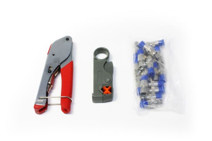 Set clește de compresie RG59/RG6 cu dezizolator cablu coaxial + mufe F, Micul Fermier GF-1444