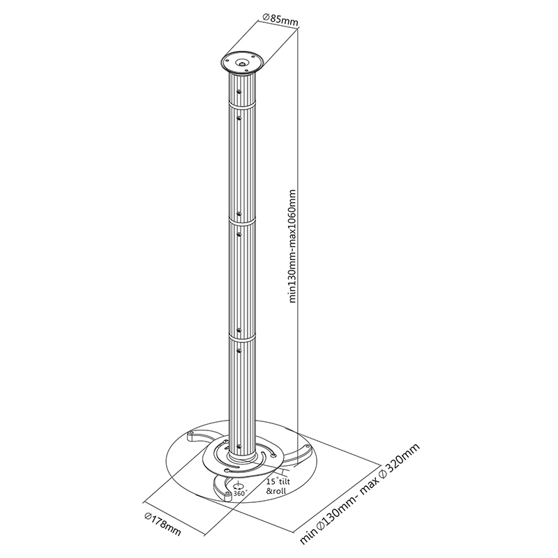 Suport tavan proiector Cabletech universal, max. 10 kg, gri
