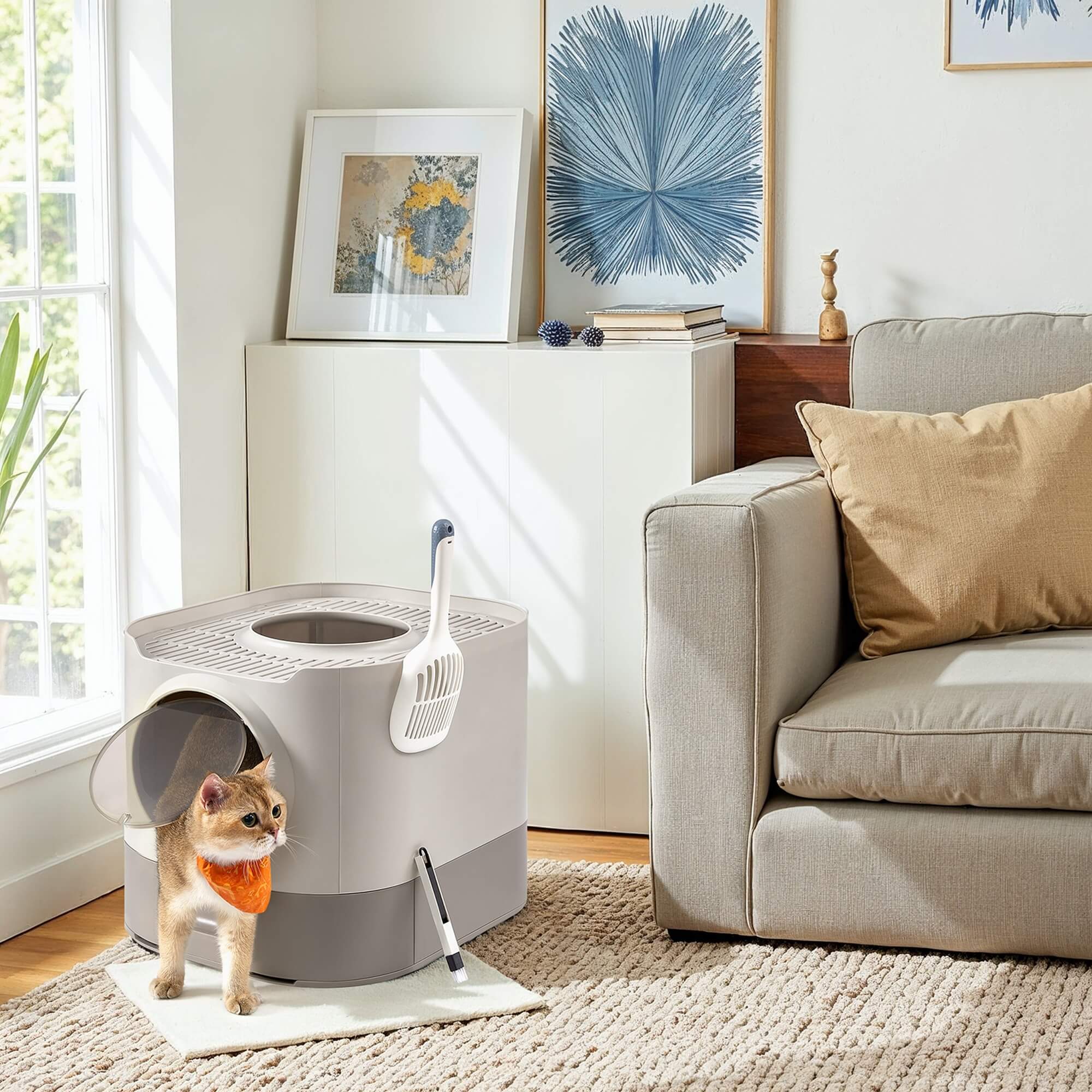 FEANDREA Litiera pentru pisici XXL cu capac, tava extensibila si accesorii incluse, din plastic PP, 54x43x40 cm, gri deschis Household NewTrend