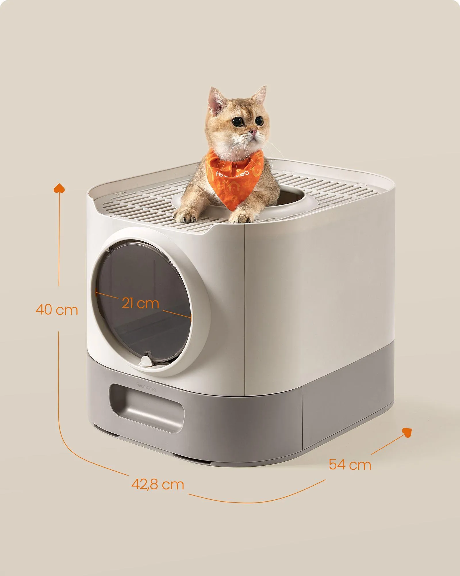 FEANDREA Litiera pentru pisici XXL cu capac, tava extensibila si accesorii incluse, din plastic PP, 54x43x40 cm, gri deschis Household NewTrend