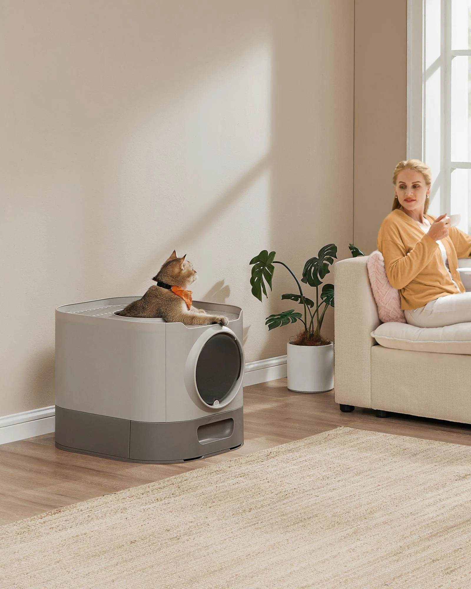 FEANDREA Litiera pentru pisici XXL cu capac, tava extensibila si accesorii incluse, din plastic PP, 54x43x40 cm, gri deschis Household NewTrend