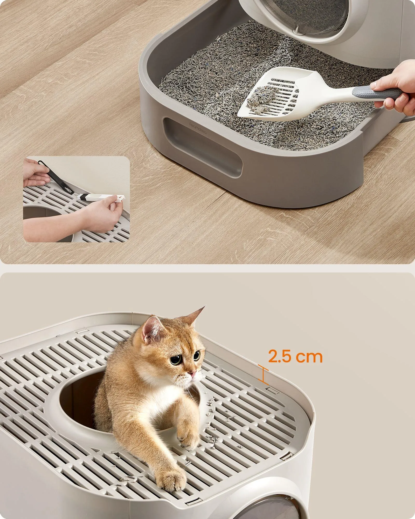 FEANDREA Litiera pentru pisici XXL cu capac, tava extensibila si accesorii incluse, din plastic PP, 54x43x40 cm, gri deschis Household NewTrend