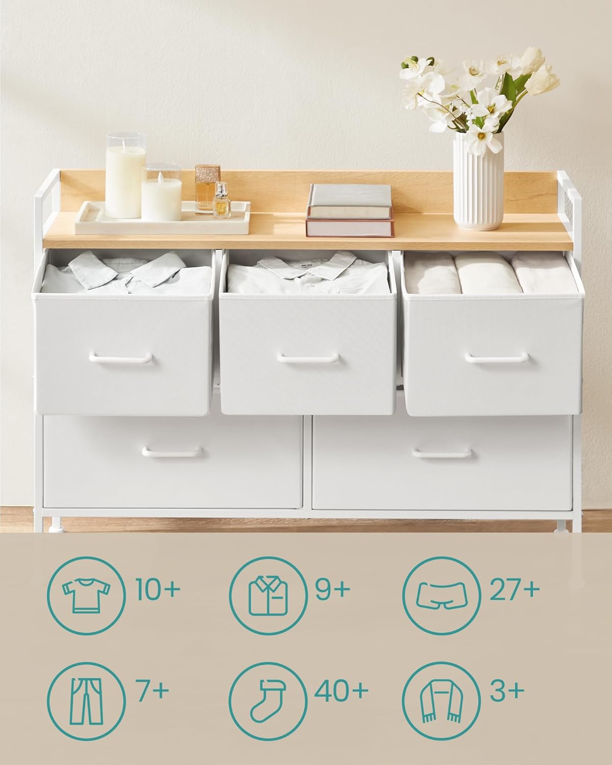 SONGMICS Comoda cu 5 sertare textile, cadru metalic si blat din PAL, design industrial, 98x29x70 cm, alb si stejar Household NewTrend