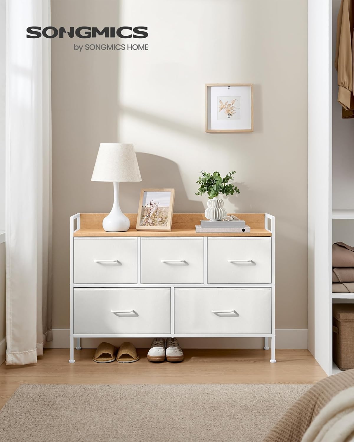 SONGMICS Comoda cu 5 sertare textile, cadru metalic si blat din PAL, design industrial, 98x29x70 cm, alb si stejar Household NewTrend