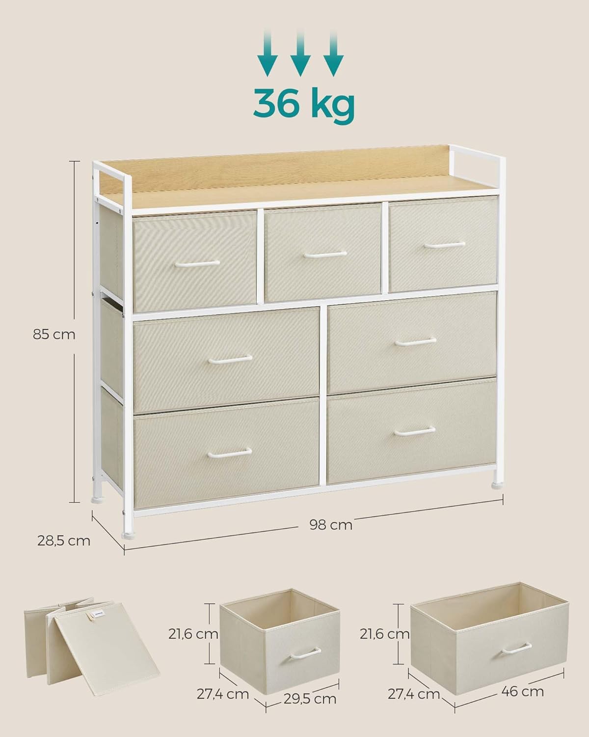 SONGMICS Comoda cu 7 sertare textile, cadru metalic si blat din PAL, design industrial, 98x29x85 cm, alb crem Household NewTrend