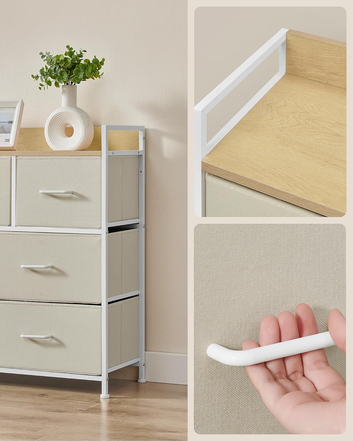 SONGMICS Comoda cu 7 sertare textile, cadru metalic si blat din PAL, design industrial, 98x29x85 cm, alb crem Household NewTrend