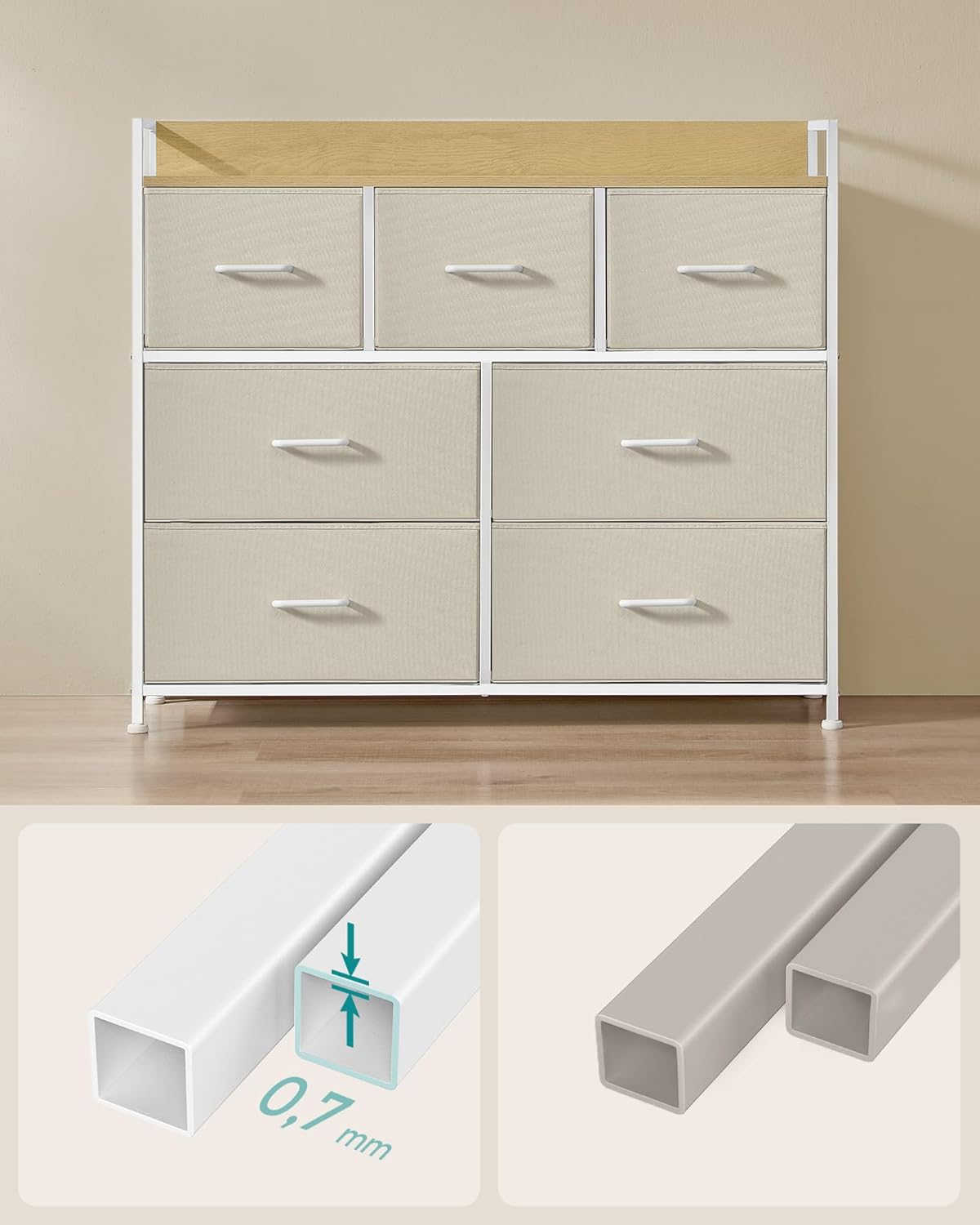 SONGMICS Comoda cu 7 sertare textile, cadru metalic si blat din PAL, design industrial, 98x29x85 cm, alb crem Household NewTrend