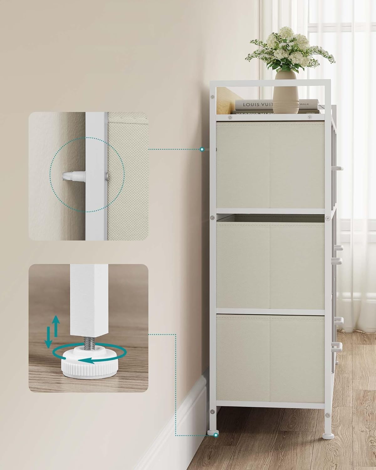 SONGMICS Comoda cu 7 sertare textile, cadru metalic si blat din PAL, design industrial, 98x29x85 cm, alb crem Household NewTrend