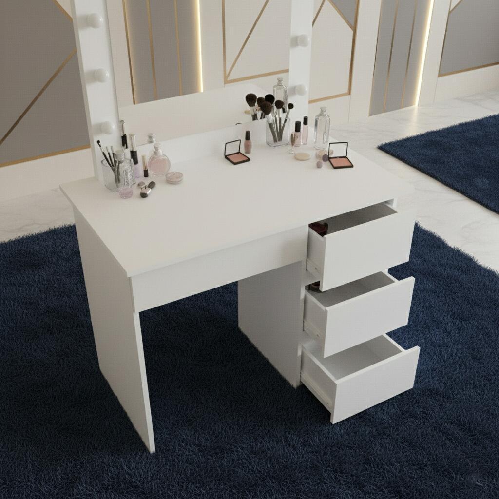 Masa de toaleta/machiaj, Irina + scaun Avola, alb, cu oglinda si LED-uri, 94x43x141 cm GartenVIP DiyLine