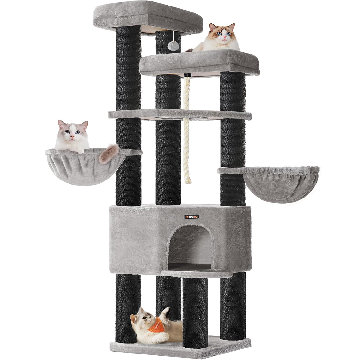 FEANDREA Ansamblu de joaca pentru pisici XXL, 5 niveluri, stalpi sisal, pentru pisici de talie mare, 55x55x187 cm, gri Household NewTrend