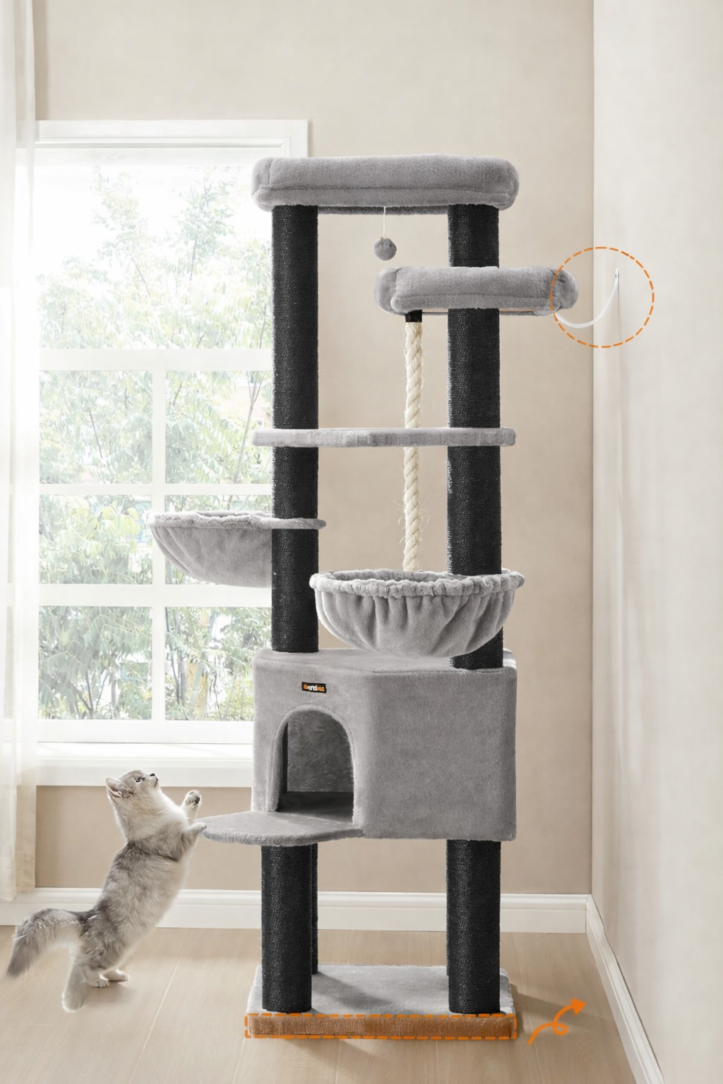 FEANDREA Ansamblu de joaca pentru pisici XXL, 5 niveluri, stalpi sisal, pentru pisici de talie mare, 55x55x187 cm, gri Household NewTrend