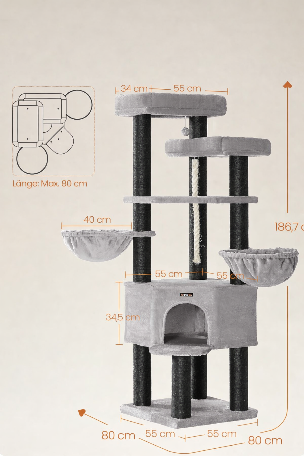 FEANDREA Ansamblu de joaca pentru pisici XXL, 5 niveluri, stalpi sisal, pentru pisici de talie mare, 55x55x187 cm, gri Household NewTrend