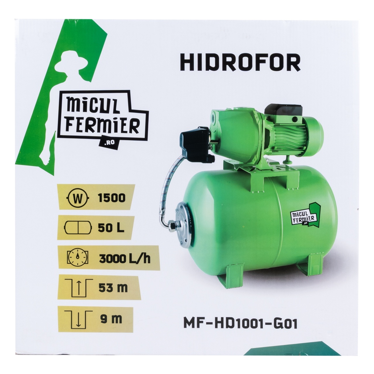 Hidrofor Micul Fermier 1.5 kW cu butelie 50L, 3000 l/h, 53 m, corp din fontă
