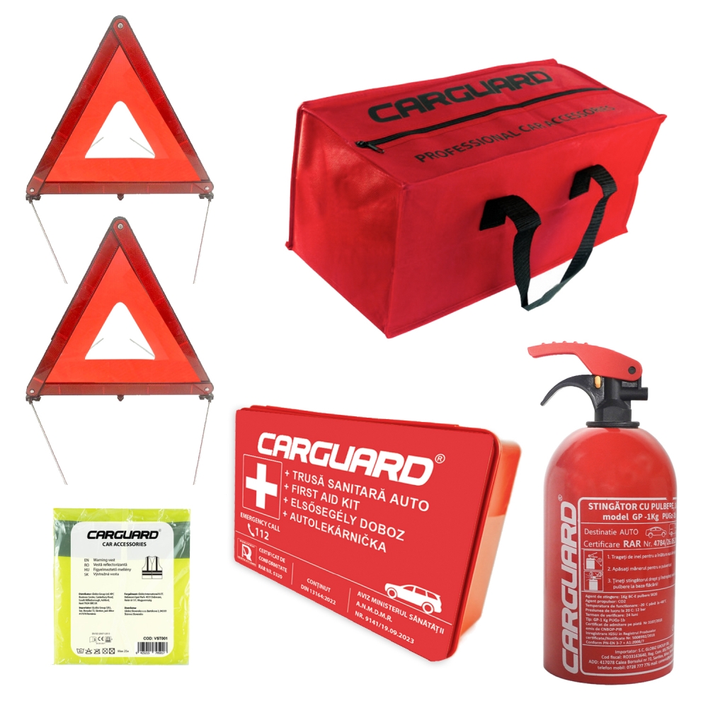 Kit siguranță auto obligatoriu RAR complet cu trusă, stingător și geantă
