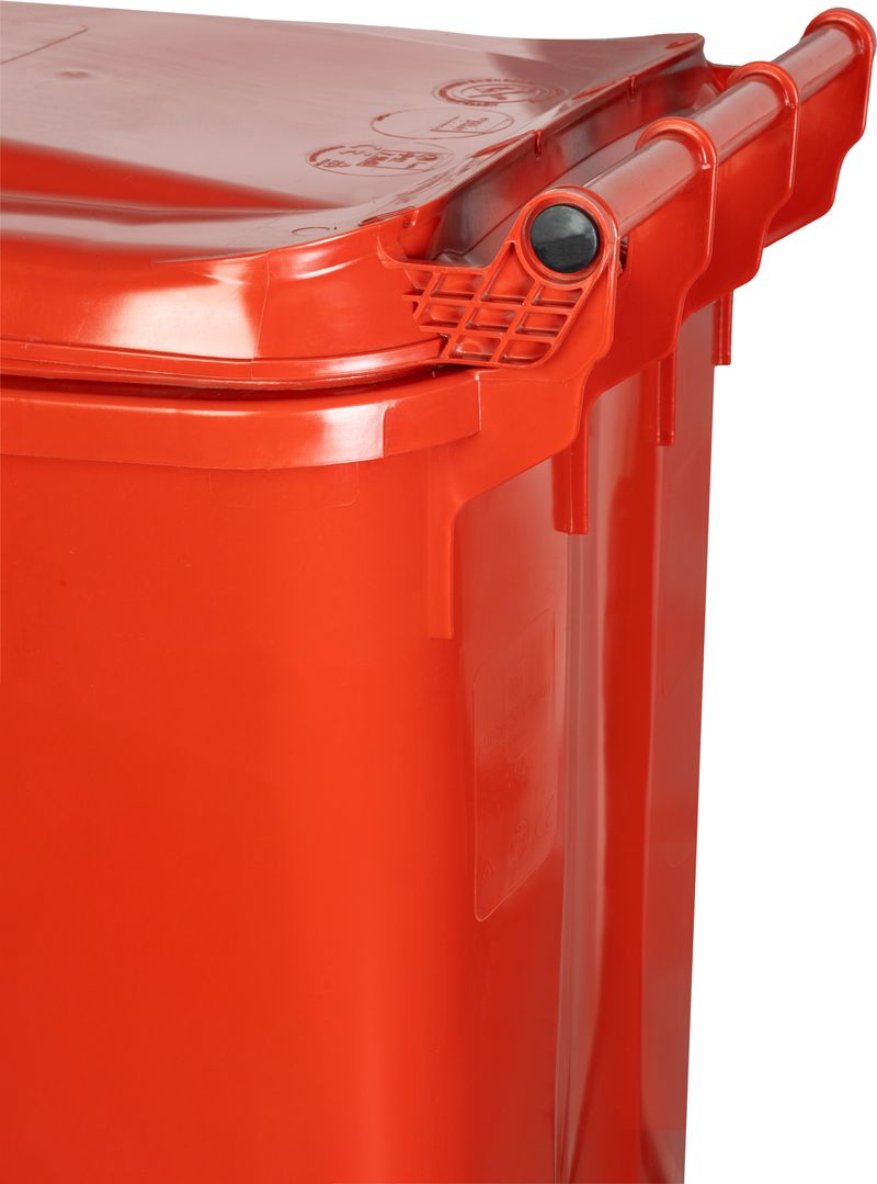 Pubelă Europlast 240 L din HDPE, roșie, cu capac și roți pentru deșeuri