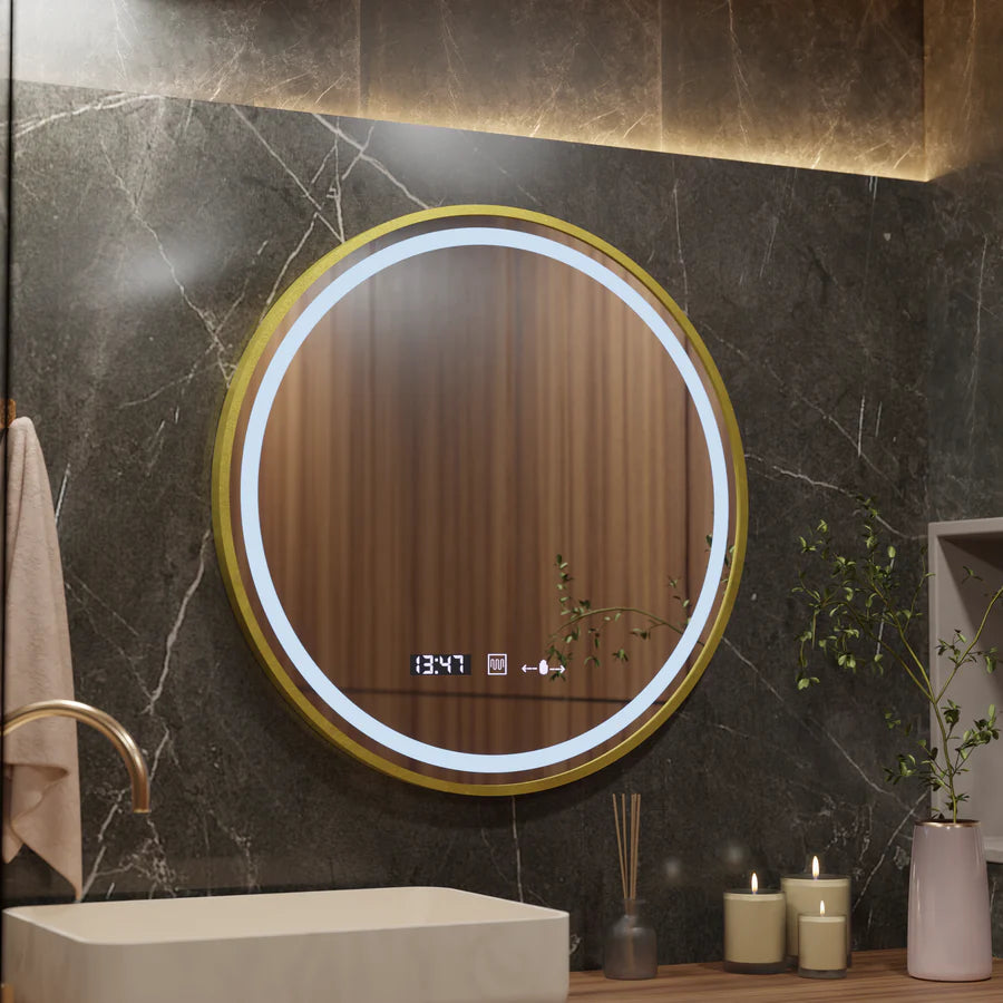 Oglindă LED rotundă 60 cm Celeste Royale Gold, dimabilă, cu dezaburire și ceas