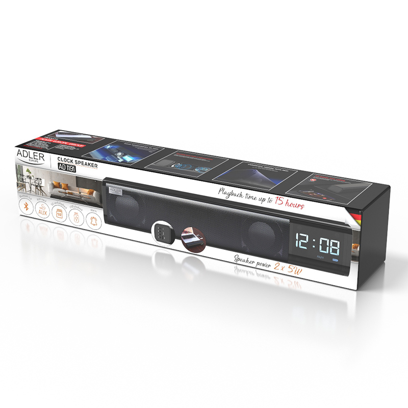 Boxă Bluetooth cu ceas și alarmă Adler AD 1191, stereo 10W, USB/SD/AUX