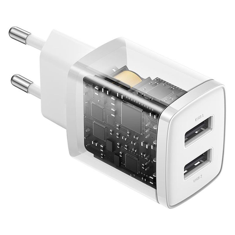 Încărcător rețea Baseus Compact 10,5W cu 2 porturi USB-A, alb