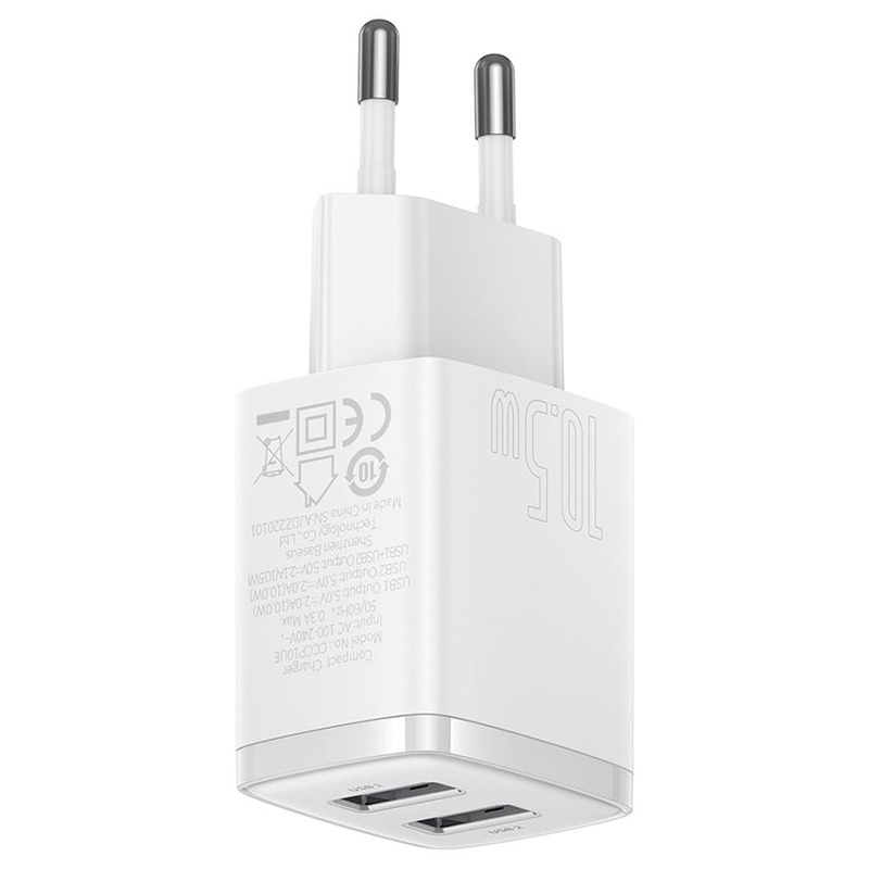 Încărcător rețea Baseus Compact 10,5W cu 2 porturi USB-A, alb