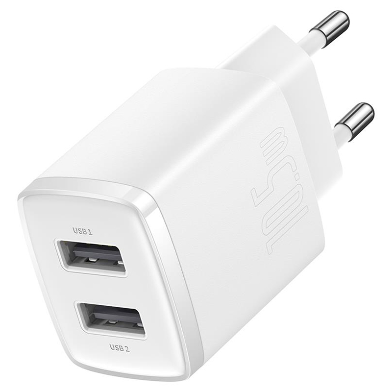 Încărcător rețea Baseus Compact 10,5W cu 2 porturi USB-A, alb