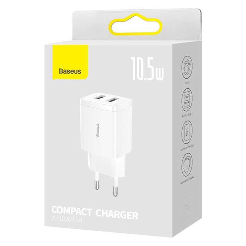 Încărcător rețea Baseus Compact 10,5W cu 2 porturi USB-A, alb