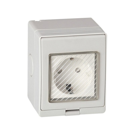 Priză simplă Schuko IP55 pentru exterior, cu capac și montaj aparent