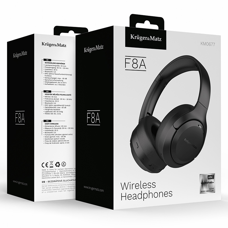 Căști wireless Kruger&Matz F8A cu ANC -30 dB, Bluetooth 5.4, 50 ore
