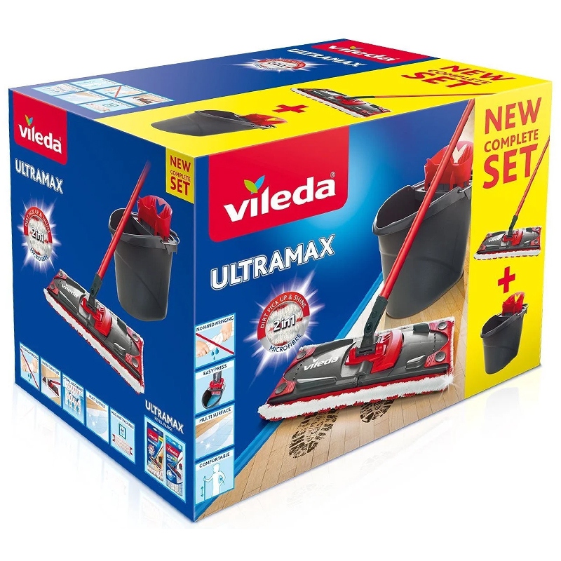 Set mop Vileda Ultramax cu găleată cu pedală și mop plat din microfibră