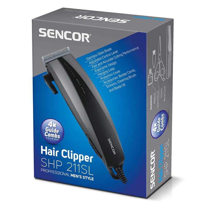 Aparat de tuns Sencor cu lame inox, 4 piepteni și reglaj lungime