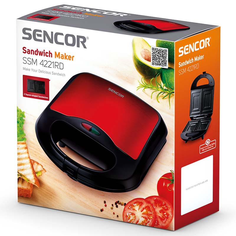 Sandwich maker Sencor 700W roșu, plăci antiaderente, 2 sandwich-uri