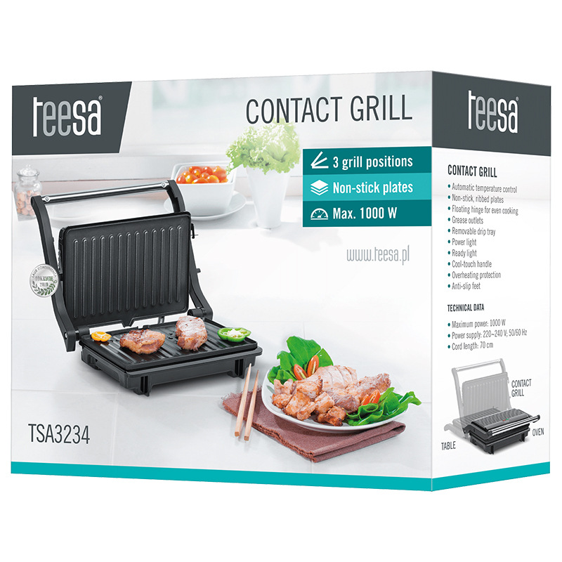 Sandwich maker panini Teesa 1000W cu placi grill antiaderente si tava scurgere
