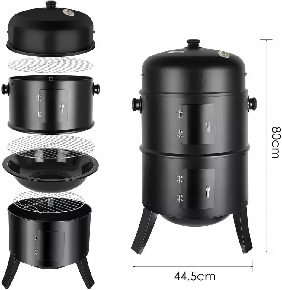 Gratar metalic pe carbuni, inchis pe 3 nivele, cu capac si termometru, 80x44x38cm Household NewTrend