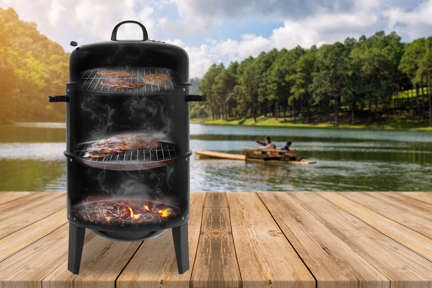 Gratar metalic pe carbuni, inchis pe 3 nivele, cu capac si termometru, 80x44x38cm Household NewTrend