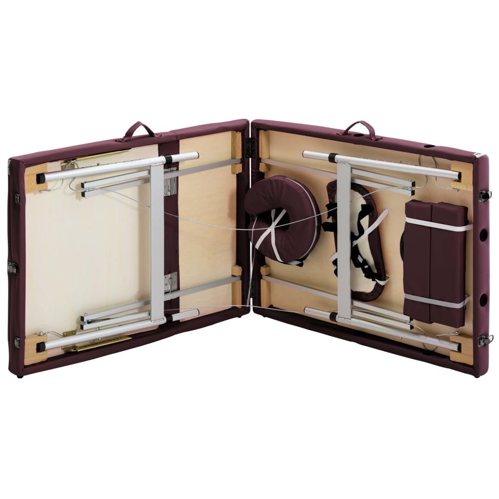 Masă de masaj pliabilă cu 3 zone, violet vin, aluminiu GartenMobel Dekor