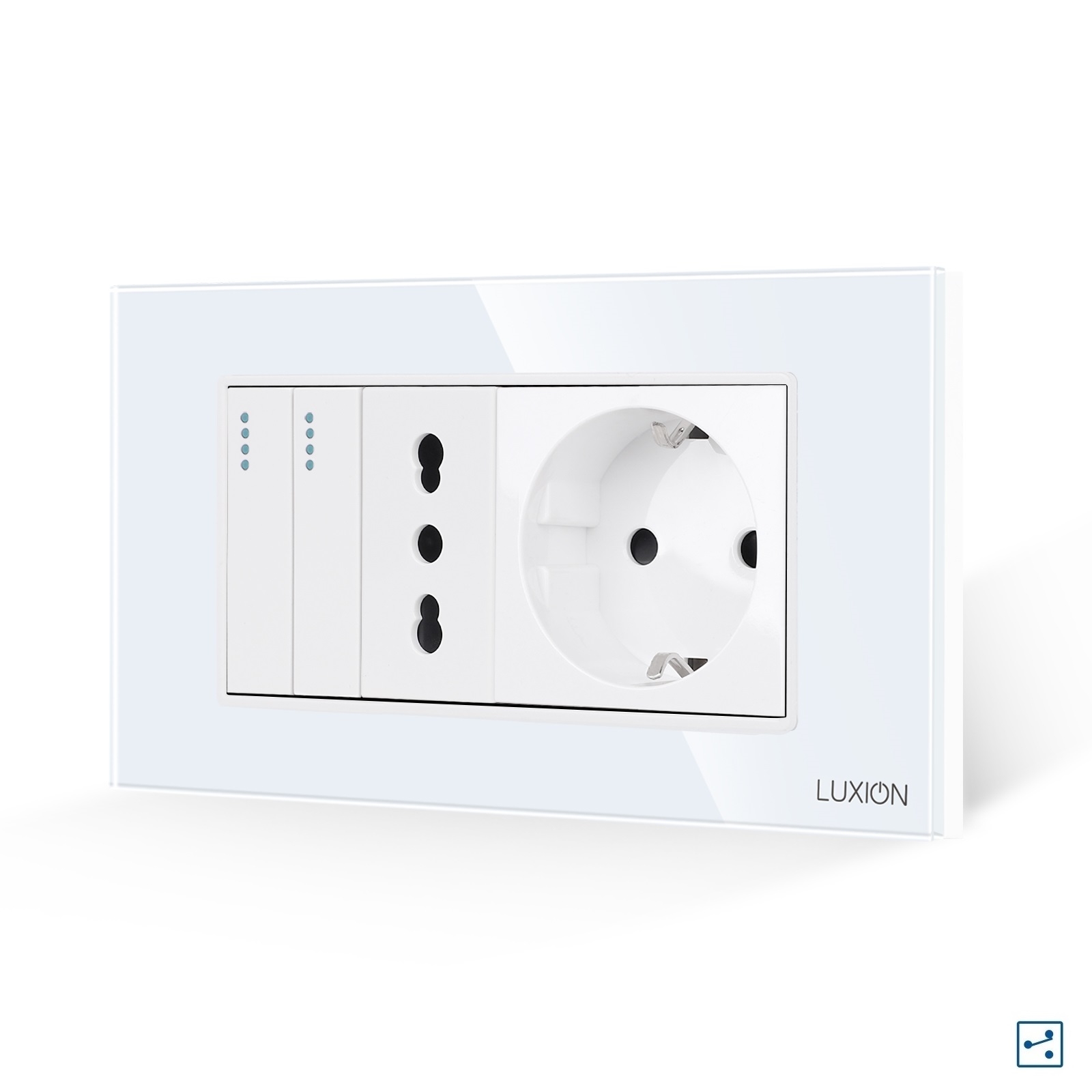 Intrerupator Dublu Cap Scara + Priza Ingusta + Priza Schuko cu Rama din Sticla LUXION, Standard Italian, 4M SmartElectro IntelligentHouse