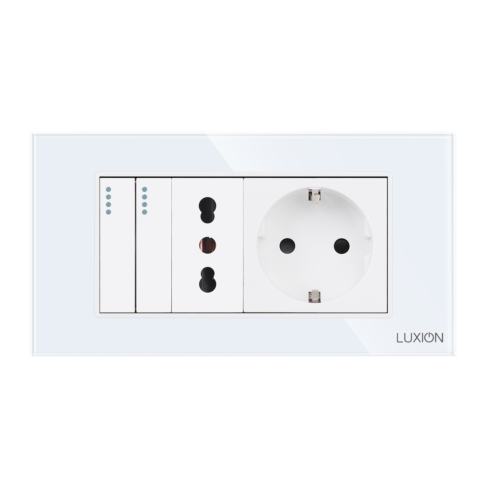 Intrerupator Dublu Cap Scara + Priza Ingusta + Priza Schuko cu Rama din Sticla LUXION, Standard Italian, 4M SmartElectro IntelligentHouse