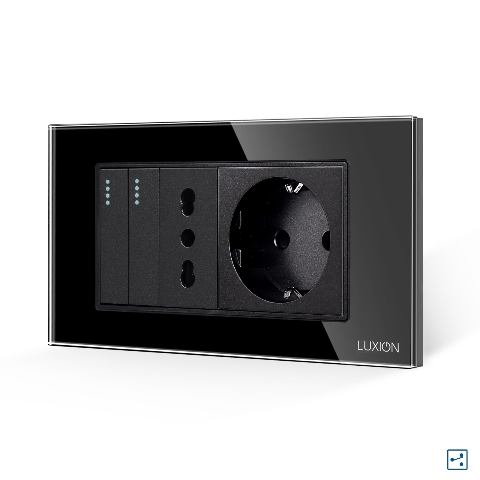 Intrerupator Dublu Cap Scara + Priza Ingusta + Priza Schuko cu Rama din Sticla LUXION, Standard Italian, 4M SmartElectro IntelligentHouse