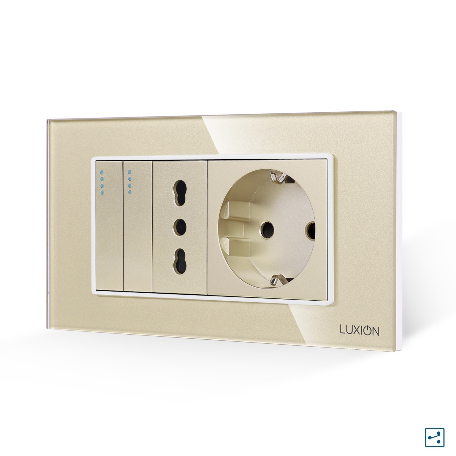 Intrerupator Dublu Cap Scara + Priza Ingusta + Priza Schuko cu Rama din Sticla LUXION, Standard Italian, 4M SmartElectro IntelligentHouse