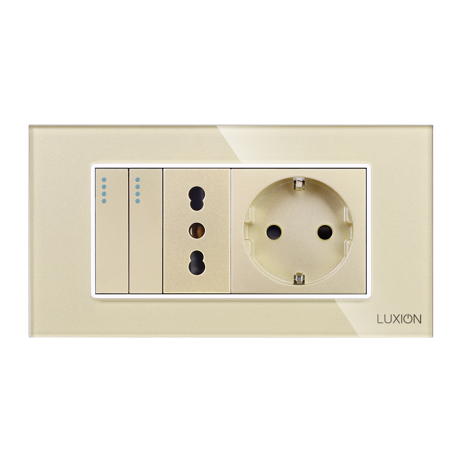 Intrerupator Dublu Cap Scara + Priza Ingusta + Priza Schuko cu Rama din Sticla LUXION, Standard Italian, 4M SmartElectro IntelligentHouse