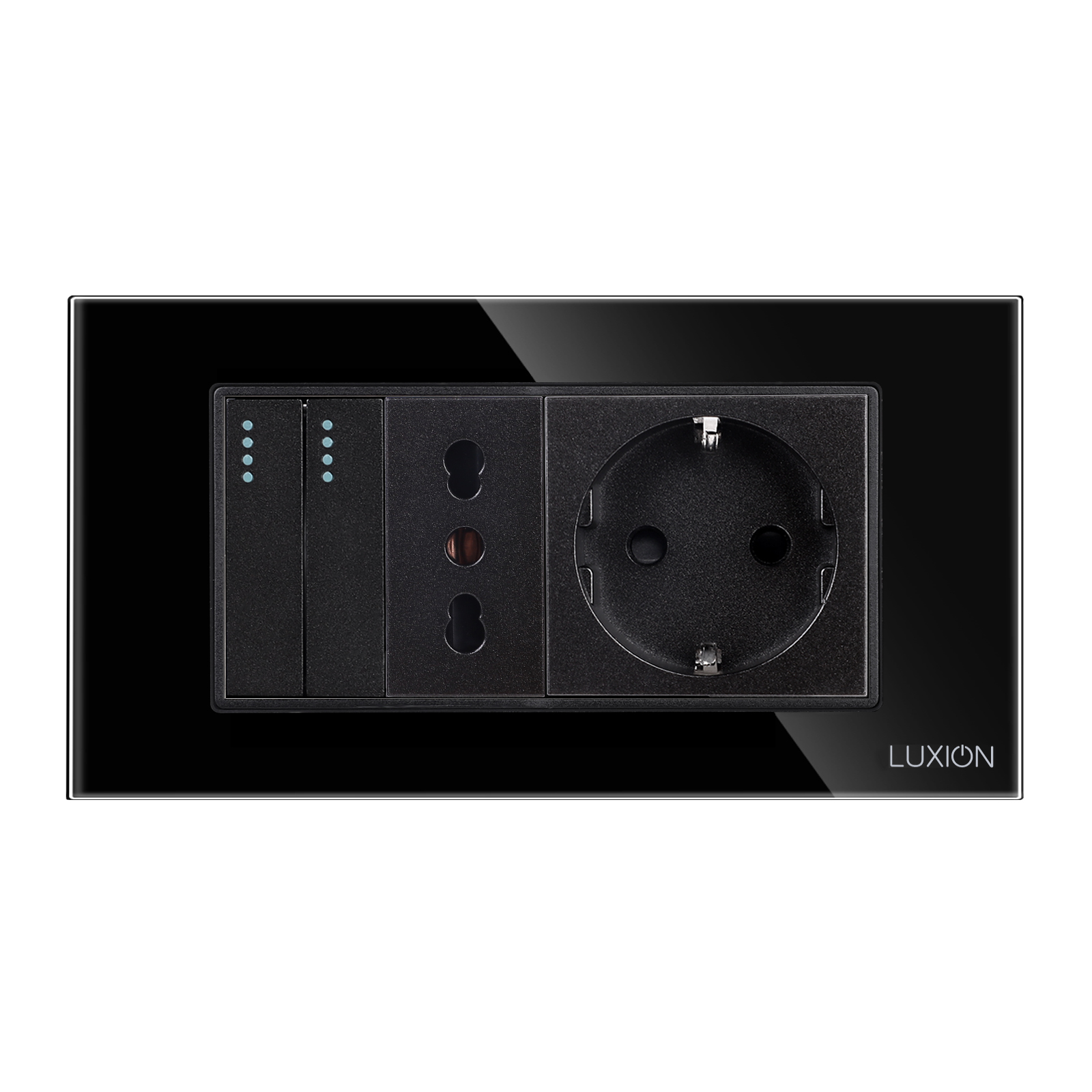 Intrerupator Dublu Cap Scara + Priza Ingusta + Priza Schuko cu Rama din Sticla LUXION, Standard Italian, 4M SmartElectro IntelligentHouse