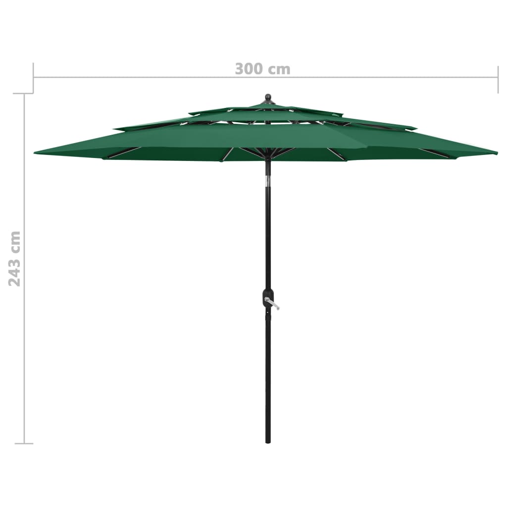 Umbrelă de grădină cu 3 niveluri, stâlp aluminiu, verde, 3 m GartenMobel Dekor