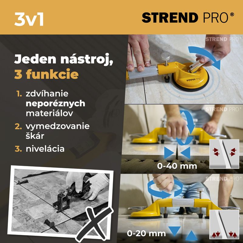 Ventuză dublă Strend Pro pentru sticlă și plăci, nivelare, 80 kg