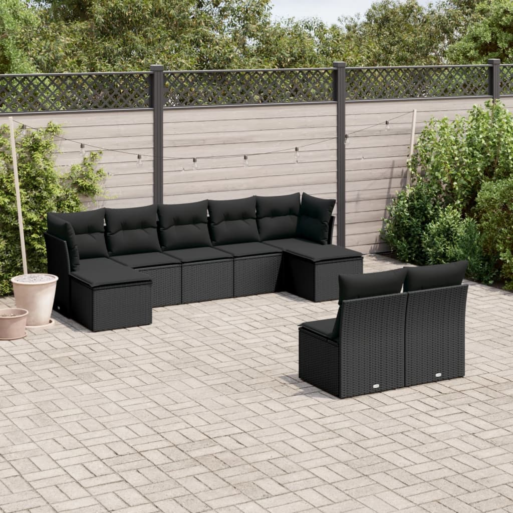 Set mobilier de grădină cu perne, 9 piese, negru, poliratan GartenMobel Dekor